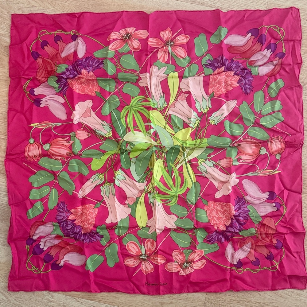 Hermes Fuchsia Silk Scarf with Floral Design AUTHENTIC